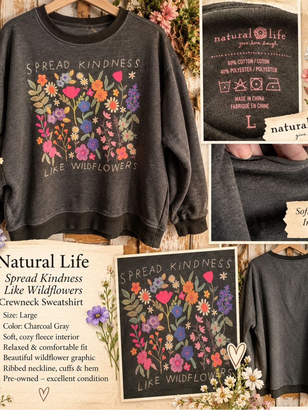 NATURAL LIFE Charcoal Gray Crewneck Sweater with Colorful Wildflower Print